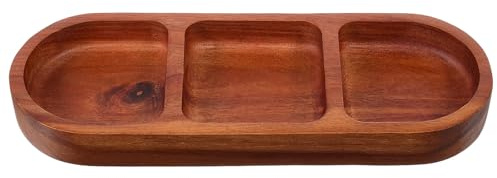OUNONA Bandeja de madera de acacia con compartimentos para servir - Plato de 3 compartimentos para salsas, condimentos y aperitivos - Plato para sazonar para desayuno, barbacoa y mesa de centro.