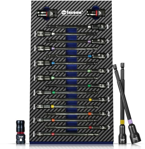 Facoow 6 Impact Nut Drivers Set, 18pcs Color Coded SAE & Metric | Magnetic Extra Long Nut Drivers, 2 Socket Adapters, EVA Tool Tray, Color Coded