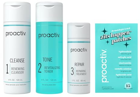 Proactiv 3 Step Acne Treatment System, 60 Day Complete Skincare Kit with Benzoyl Peroxide Cleanser, Toner, Repairing Treatment, and 15‑Count Pimple Patch
