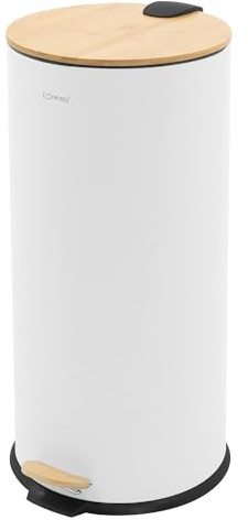 ML-Design Mülleimer 30L rund mit Fußpedal, Weiß, Stahl, Treteimer mit leise schließendem Bambusdeckel, Softclose, Abfalleimer mit entnehmbarem Inneneimer, Küchenmülleimer Tretmülleimer für Küche & Bad