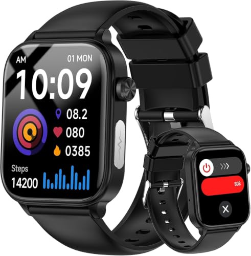 hellibito Smart Watch for Men Women (Answer/Make Calls), 1.96 HD Screen Fitness Watch with Blood Pressure/Heart Rate/Sleep/Body Temperature/Stress Monitor, Black