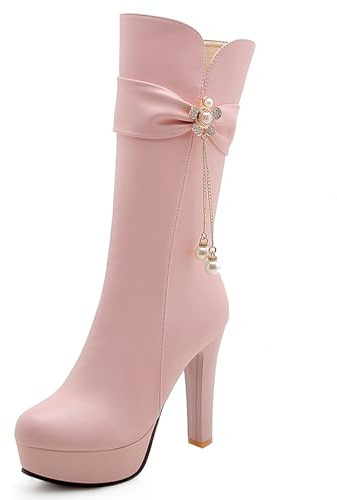 LarDorLin Talons Hauts Plateforme Bottes Femme Mi-Mollet Harness Mode Bout Rond Bridal Elegant Slouchy Bottines Bowknot Rose Taille 38 EU (39 CN)