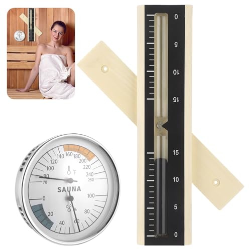 Lot de 2 thermomètres hygromètres combinés avec minuteur de sable, jauge mécanique de température et d'humidité à fixation murale, plage de 70 à 250 °C, sablier en bois rotatif de 15 minutes avec