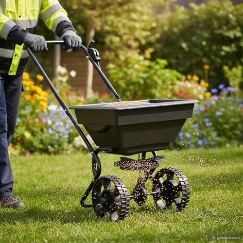 Mangloder - Carro esparcidor negro de PVC y acero, 82 x 46 x 75 cm, esparcidor de abono de mano, esparcidor universal para el cuidado del césped, siembra, aplicación de semillas y gránulos en el