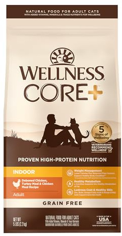 Wellness CORE+ Adult Dry Cat Food for Indoor Cats, Natural, Grain Free Kibble, Chicken, Turkey and Chicken Meal Recipe, 5 lb Bag