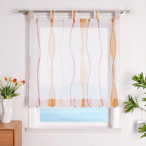 ESLIR Raffrollo mit Schlaufen Gardinen Küche Raffgardinen Transparent Schlaufenrollo Vorhänge Mit Wellen-Druck Modern Voile Orange BxH 140x140cm 1 Stück
