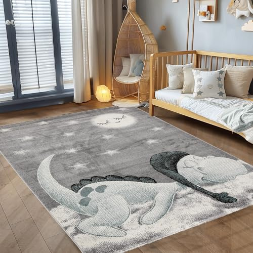 Carpettex Kinderteppich Kinderzimmer Dinosaurier Design Kinder Teppich Babyzimmer Weicher Flor, Farbe: Blau, Größe: 160 x 230 cm