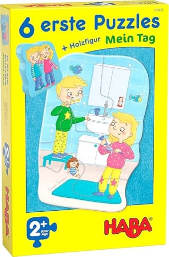 HABA 305235 - 6 erste Puzzles – Mein Tag, Puzzle ab 2 Jahren mit extragroßen Teilen und Holzfigur zum freien Spielen