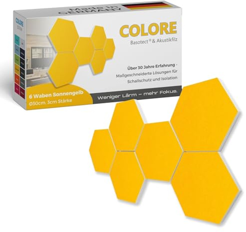 platino24 Akustikpaneele 6 Elemente Colore Waben Ø 30 cm Sonnengelb I Schallabsorber aus Basotect G+ mit Akustikfilz I Schalldämmung Wand & Decke I Akustikelemente Wandpaneel