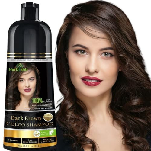 Herbishh Hair Color Shampoo - Magic Dye for Gray Hair, Lasting Color in Minutes - 500 Ml, 3-In-1, Ammonia-Free (Dark Brown)