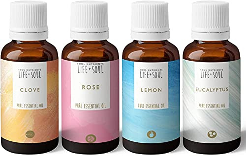 Juego de entrenamiento de olores: juego de regalo de aceite esencial, rosa, clavo, eucalipto, limón, 4 aceites esenciales puros de 10 ml, kit de prueba de pérdida de olor, donación benéfica, juego de