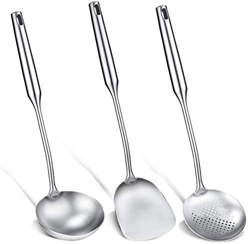 Patelai Set di 3 spatole e mestolo in acciaio inox per wok in acciaio inox 304, set di utensili da cucina in metallo per cucinare e cuocere al carbonio