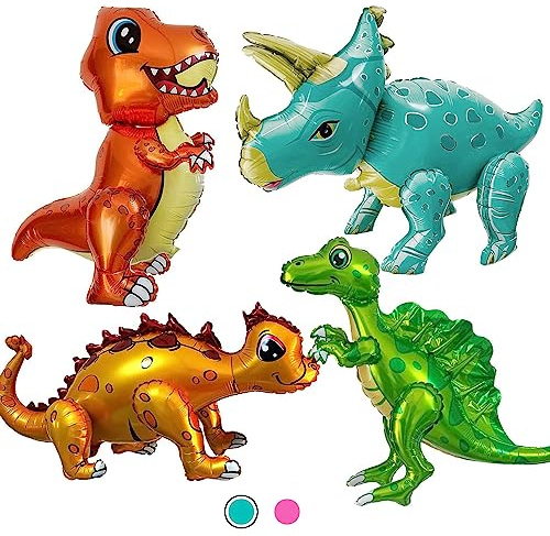 Giant 3D Dinosaur Balloon for Birthday Party Decorations, Cute Self Standing Dino Balloons, Aluminium Foil Balloons for Birthday Party Supplies Decor (4pack Dino)