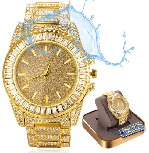 Halukakah Moissanit Diamond Golduhr für Männer,Luxus 18k Echtgold/Platin Weißgold Vergoldet,Funkelndes Sternenlicht-Zifferblatt mit Quadratischen Diamanten,Iced Out,24cm Armband,Geschenkbox Inklusive
