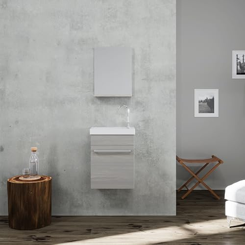 Kiamami Valentina Mobile Bagno Sospeso 42cm Grigio Effetto Legno Smart | Lavabo in ceramica reversibile, specchio con mensola, maniglia portasciugamani, profondità 23cm