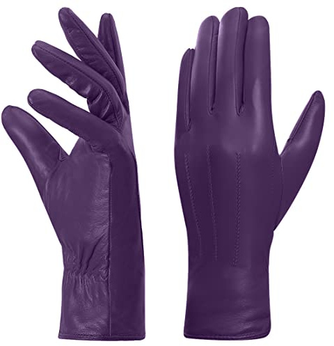 Harssidanzar Gants en cuir pour femmes, Winter Warm Fleece Doublure Touchscreen Vintage Finish GL018EU,violet,taille M