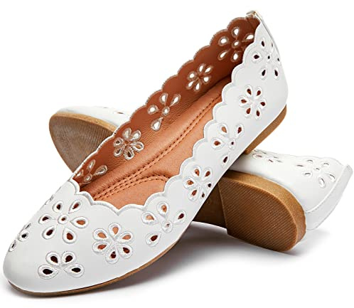 FRACORA Women's Ballet Flats Black PU Leather Dress Shoes Comfortable Round Toe Slip on Flats with Breathable Eyelets(White.US8)