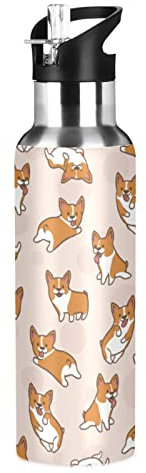 Corgi Tier Hund Wasserflasche Trinkflasche mit Strohhalmdeckel Auslaufsicher Isoliert Edelstahl Thermosflasche für Jungen Mädchen Gym Sport 600ml