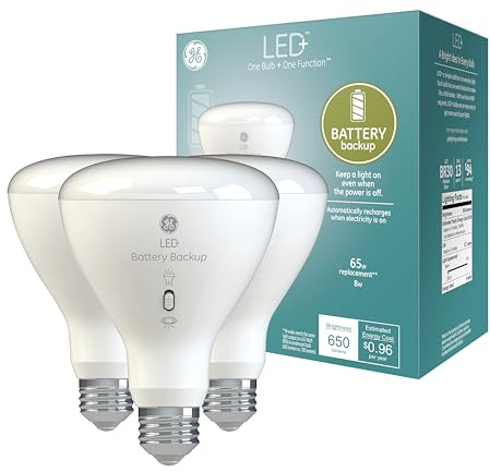 GE LED+ Battery Backup LED Light Bulbs, Emergency Light Bulb for Power Outages + Flashlight, BR30 Indoor Floodlights (3 Pack)