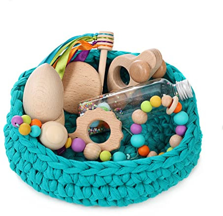 Cesto tesoros bebé. Cesto sensorial bebé. Juego estimulación sensorial Montessori para bebés entre 4 y 18 meses. ¡Más que un juego para el aprendizaje de tu bebé! COLOR TURQUESA OSCURO