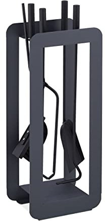 Relaxdays Set di Attrezzi da Camino, 5 Accessori, Attizzatoio, Paletta, Scopino, Pinza e Supporto Utensili, Grigio Nero, Acciaio