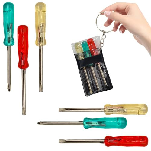 Juego de mini destornillador llavero, 2.5 pulgadas con llavero, cabeza plana, destornillador Phillips 3 colores (paquete de 12)