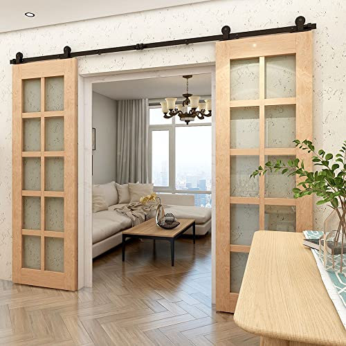 Rail Porte Coulissante Double 366cm Kit Roulette Suspendue Systeme Noir pour 2 Porte Coulissante Interieur 91cm Large, Petite Roue T-forme