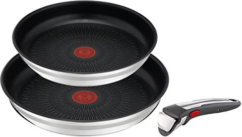 Jamie Oliver by Tefal Ingenio 3-teiliges Pfannenset abnehmbarer Griff, 24/28 cm, stapelbar, platzsparend, Pfannenset Induktion mit Antihaftversiegelung, einfache Handhabung und Reinigung, L97691