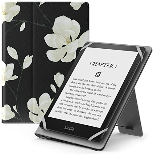 MoKo hülle für 6-7 Zoll Kindle E-Reader und Tablets,Schwarze&Weiße Magnolie | Kindle Zubehör für 6-7 kindle/Kobo/Tolino/Pocketook/Sony E-Book-Tablet, Leichte Flip-Hülle, Mit Handgurt, Mit Ständer