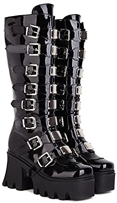 JIFAENY Damen Punk Goth Plattform Stiefel Gothic Keil Chunky Ins Motorrad Mid-Calf Combat Knie High Zipper Stiefel-Patent leather,36 EU