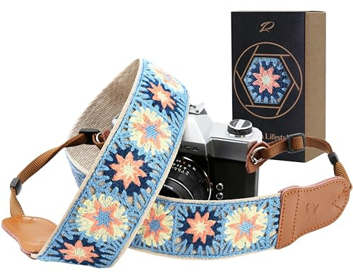 Padwa Lifestyle Hollow Crochet Pink Daisy Camera Strap - 2 Wide Cowhide Head, Embroidered Cotton Woven Vintage Camera Straps,Universal Neck & Shoulder Strap for All DSLR Cameras and Photographers