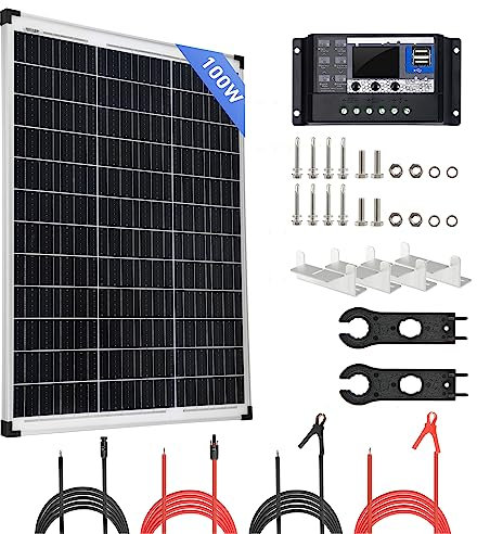 Kit de Panel Solar de 100W 12V Módulo de alta Eficiencia de Energía Fotovoltaica con Controlador de Carga, Cables Solares, Llaves Solares y Soporte para Autocaravana, Cobertizos, Barco, Campervan