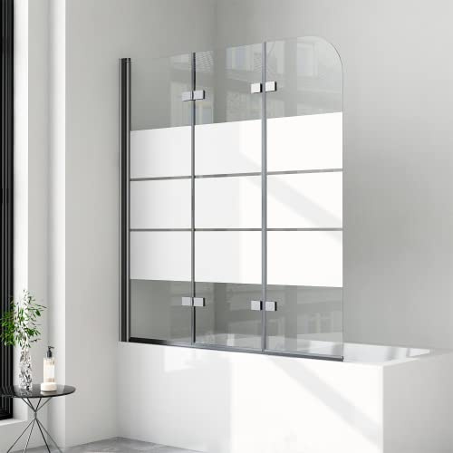 Duschwand für Badewanne 3 teilig faltbar 120x140 cm 6mm ESG Sicherheitsglas (ESG) Faltwand Milchglas Streifen Badewannenaufsatz Badewannenfaltwand Duschabtrennung für Badewanne, Schwarz