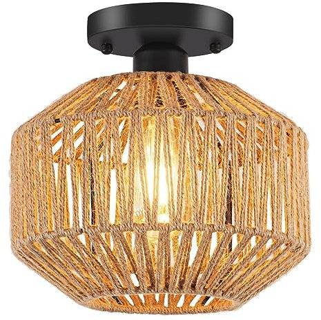 YIKEGE LICHT Vintage Boho Rattan Lampe Deckenleuchte Deckenlampe Hängelampe Geflochten Korb Lampenschirm Φ22cm Badezimmerlampe E27 Retro Deckenleuchten für das Bad Küche Schlafzimmer Wohnzimmer
