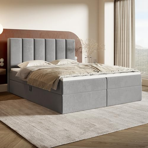 MOTIVENA Santiago Boxspringbett 180x200 Grau Samt, mit Bonellfederkern-Matratze (H4), mit T28 Komfortschaumstoff Topper (H3), Boxspringbett 180x200 mit Bettkasten Grau (Hellgrau)