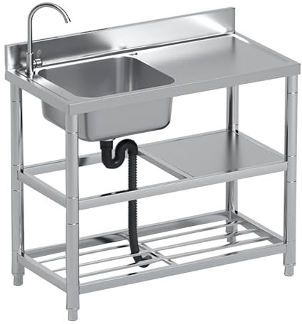 Lavello in Acciaio inossidabile Con Banco da Lavoro Lavello da Commerciale Mobile Lavello da Cucina 1 Vasca Lavabo Utilità,Per Garage,Lavanderia,Giardino Esterno (80x50x85cm)