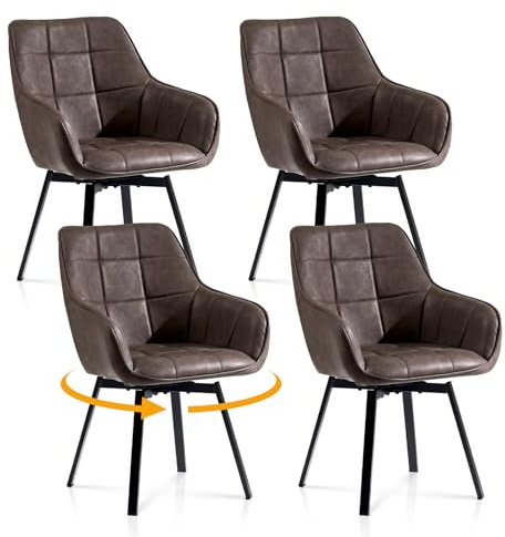 TUKAILAI 4er Set Esszimmerstühle Drehbar Kunstleder mit Armlehnen, Braun | Drehstuhl esszimmer,Rückenlehne,Armlehnstuhl,Gepolsterter Sitz, Metallbeine, Für Küche