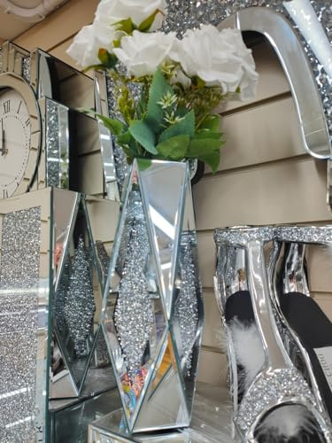 Biznest 30cm Crushed Diamond Flower Mirror Vase Silver Crystal Glass Vase Mirrored Decorative Flower Vases for Living Room Home Decor