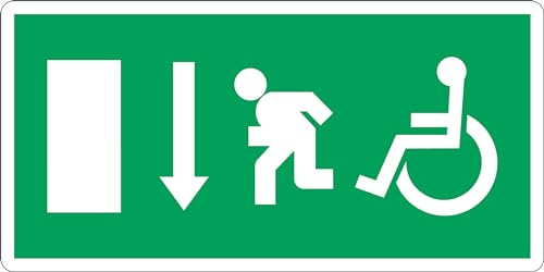 GLOBAL CARTELLO SEGNALETICO UNI - USCITA DI EMERGENZA DISABILI VERSO IL BASSO NORMA CE - Adesivo Extra Resistente, Pannello in Forex, Pannello In Alluminio (30x12 cm, Alluminio)