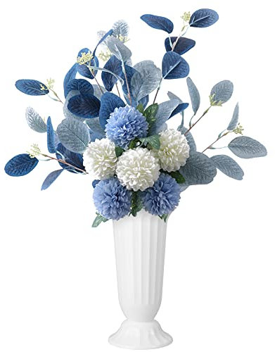 Artificial Flowers Ball Chrysanthemum Bouquet Simulated Eucalyptus Leaf Ball Chrysanthemum Bouquet Vase Long Stem Hydrangea Flower Arrangement for Home Wedding (white blue)