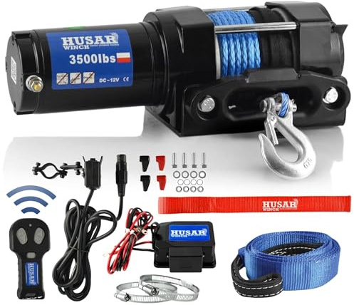 Husar Winch Elektrische Seilwinde 12V, 3500 lbs | 1587 kg mit Synthetikseil 12 m, sehr robust, Funkfernbedienung, Automatische Bremse, Montagesatz – ideal für ATV/UTV + KOSTENLOSER BERGEGURT