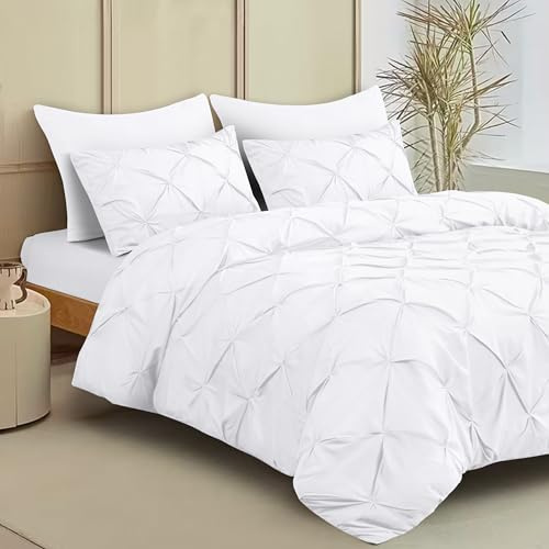 Luxury Pintuck Duvet Cover Set with Pillowcases - Elegant Microfiber Bedding, Pintuck Pleated Diamond Pattern, Machine Washable, Available in Single, Double, King, and Super King (White, Single)