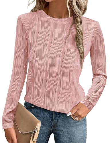 Gemulate Ladies Business Casual Shirts Womens tee Shirt Tops Long Sleeve Ladies Knitwear Fall Blouses for Women Crewneck Loose Casual Outfit Pink XL