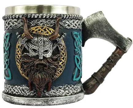Frfik Tasse Vikings Valhalla Vikings en acier inoxydable à poignée unique, 450 ml, tasse à boire en corne de Vikings, chope à bière en résine – Bar d'Halloween pour homme