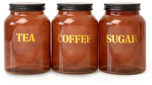 FABFINDS Tea Coffee Sugar Canister Set Airtight Glass Storage Canister Jars 3 Piece