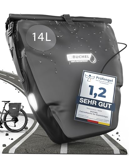 Büchel 14 l cykelväskor för bagagehållare i set om 2, 100% vattentät inklusive axelrem och bärhandtag, cykelväska med reflektorer och rastfunktion för arbete och fritid | bagagehållarväska svart