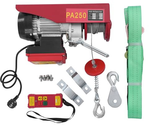 OUKANING Paranco elettrico con telecomando, 2 modalità di sollevamento, gancio in alluminio, filo di acciaio e ghisa, verricello motore con limitatore, rosso (1000 W, 500 – 1000 kg)