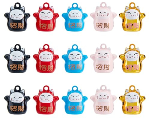 SUPERFINDINGS 15Pcs 5Colors Lucky Cats Charms with Bell Maneki Neko Bell Fengshui Fortune Lucky Kitty Charms Brass Enamel Pendants DIY Decoration Home Car Rear Backpack Keychain