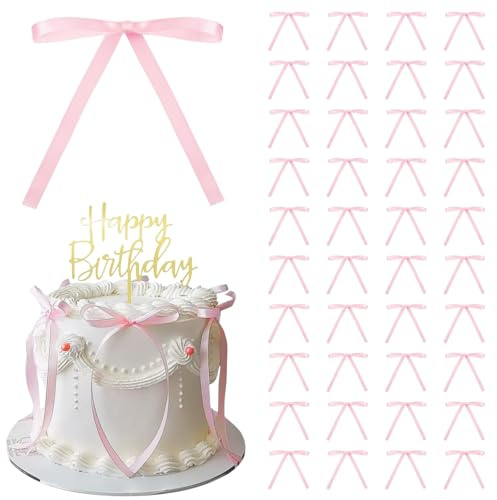 LUFFLOK 40 Pcs Pink Bows for Cakes Ribbon Bows Cakes Topper Decorations | Thin Bow Baby Shower Cake Decorations for Kids Girls Women Birthday Wedding Party Cake Decorations Supplies