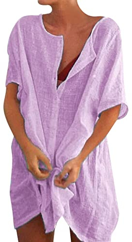 Generisch 2025 - Maglia da donna con scollo a V, tinta unita, comoda camicia, manica corta, larga, elegante, abito da donna con spalle scoperte, Lilla, 5XL